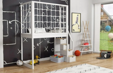 Hochbett, Kinderbett RONI mit Treppe und Schnurnetz - Kubuk Moebel
