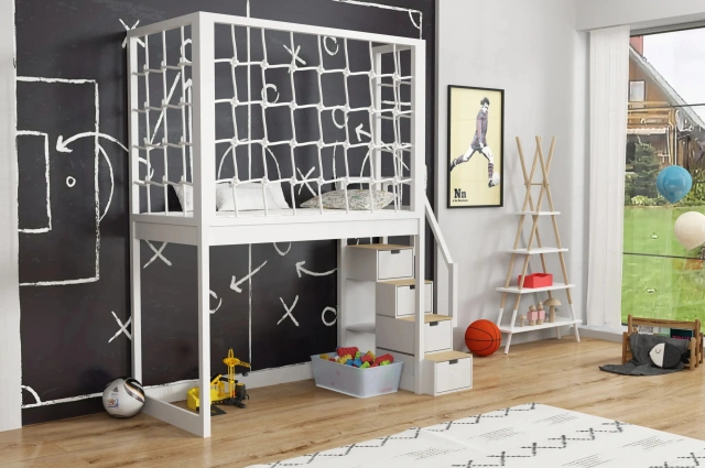 Hochbett, Kinderbett RONI mit Treppe und Schnurnetz - Kubuk Moebel Hochbett, Kinderbett RONI mit Treppe und Schnurnetz - Kubuk Moebel