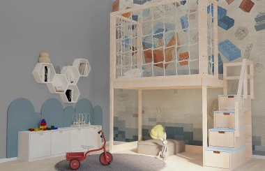 Hochbett, Kinderbett RONI mit Treppe und Schnurnetz - Kubuk Moebel Hochbett, Kinderbett RONI mit Treppe und Schnurnetz - Kubuk Moebel