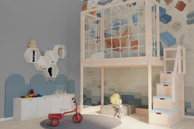 Hochbett, Kinderbett RONI mit Treppe und Schnurnetz - Kubuk Moebel Hochbett, Kinderbett RONI mit Treppe und Schnurnetz - Kubuk Moebel