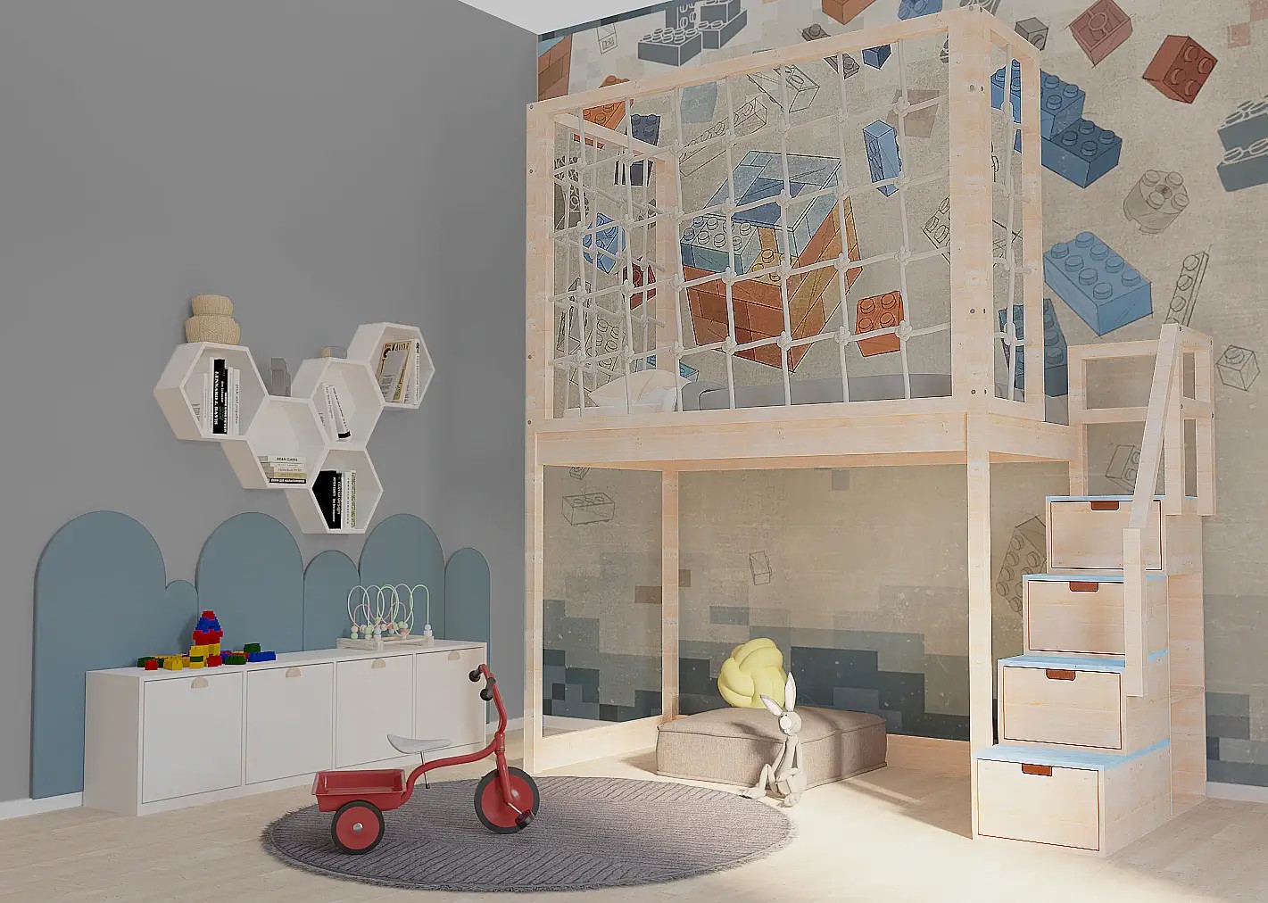 Hochbett, Kinderbett RONI mit Treppe und Schnurnetz - Kubuk Moebel Hochbett, Kinderbett RONI mit Treppe und Schnurnetz - Kubuk Moebel