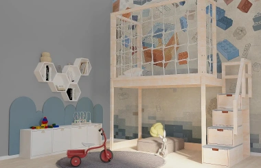 Hochbett, Kinderbett RONI mit Treppe und Schnurnetz - Kubuk Moebel Hochbett, Kinderbett RONI mit Treppe und Schnurnetz - Kubuk Moebel