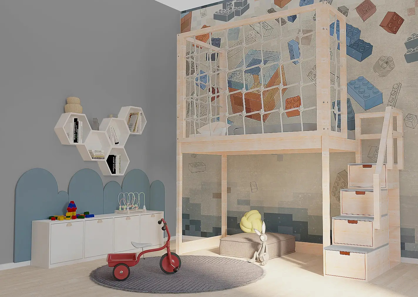 Hochbett, Kinderbett RONI mit Treppe und Schnurnetz - Kubuk Moebel Hochbett, Kinderbett RONI mit Treppe und Schnurnetz - Kubuk Moebel