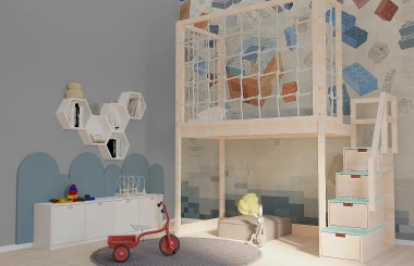 Hochbett, Kinderbett RONI mit Treppe und Schnurnetz - Kubuk Moebel Hochbett, Kinderbett RONI mit Treppe und Schnurnetz - Kubuk Moebel