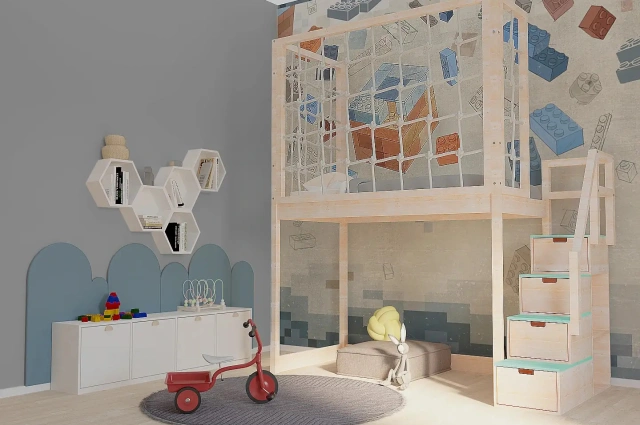 Hochbett, Kinderbett RONI mit Treppe und Schnurnetz - Kubuk Moebel Hochbett, Kinderbett RONI mit Treppe und Schnurnetz - Kubuk Moebel