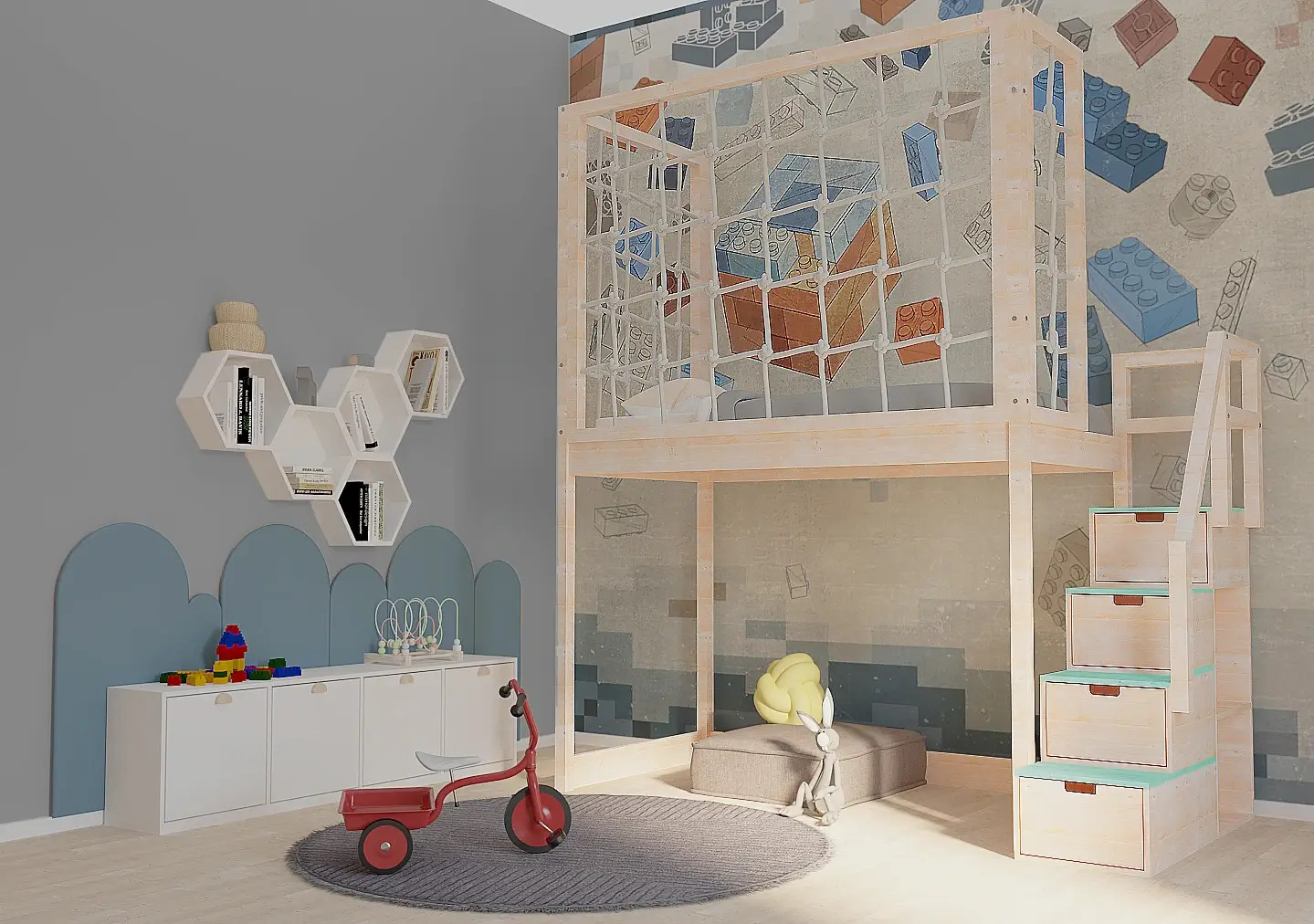 Hochbett, Kinderbett RONI mit Treppe und Schnurnetz - Kubuk Moebel Hochbett, Kinderbett RONI mit Treppe und Schnurnetz - Kubuk Moebel