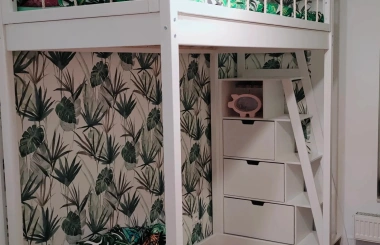 Hochbett, Kinderbett RONI mit Treppe und Schnurnetz - Kubuk Moebel Hochbett, Kinderbett RONI mit Treppe und Schnurnetz - Kubuk Moebel