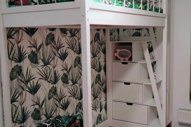 Hochbett, Kinderbett RONI mit Treppe und Schnurnetz - Kubuk Moebel Hochbett, Kinderbett RONI mit Treppe und Schnurnetz - Kubuk Moebel