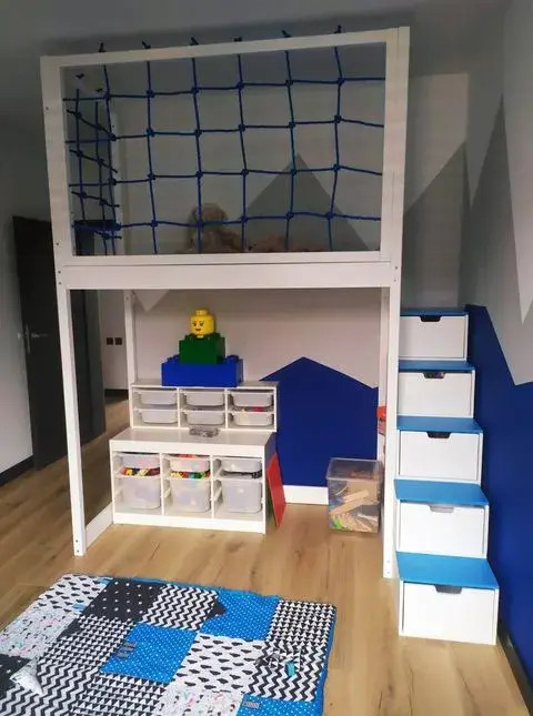 Hochbett, Kinderbett RONI mit Treppe und Schnurnetz - Kubuk Moebel Hochbett, Kinderbett RONI mit Treppe und Schnurnetz - Kubuk Moebel