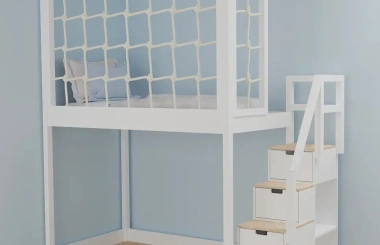 Hochbett, Kinderbett RONI mit Treppe und Schnurnetz - Kubuk Moebel Hochbett, Kinderbett RONI mit Treppe und Schnurnetz - Kubuk Moebel