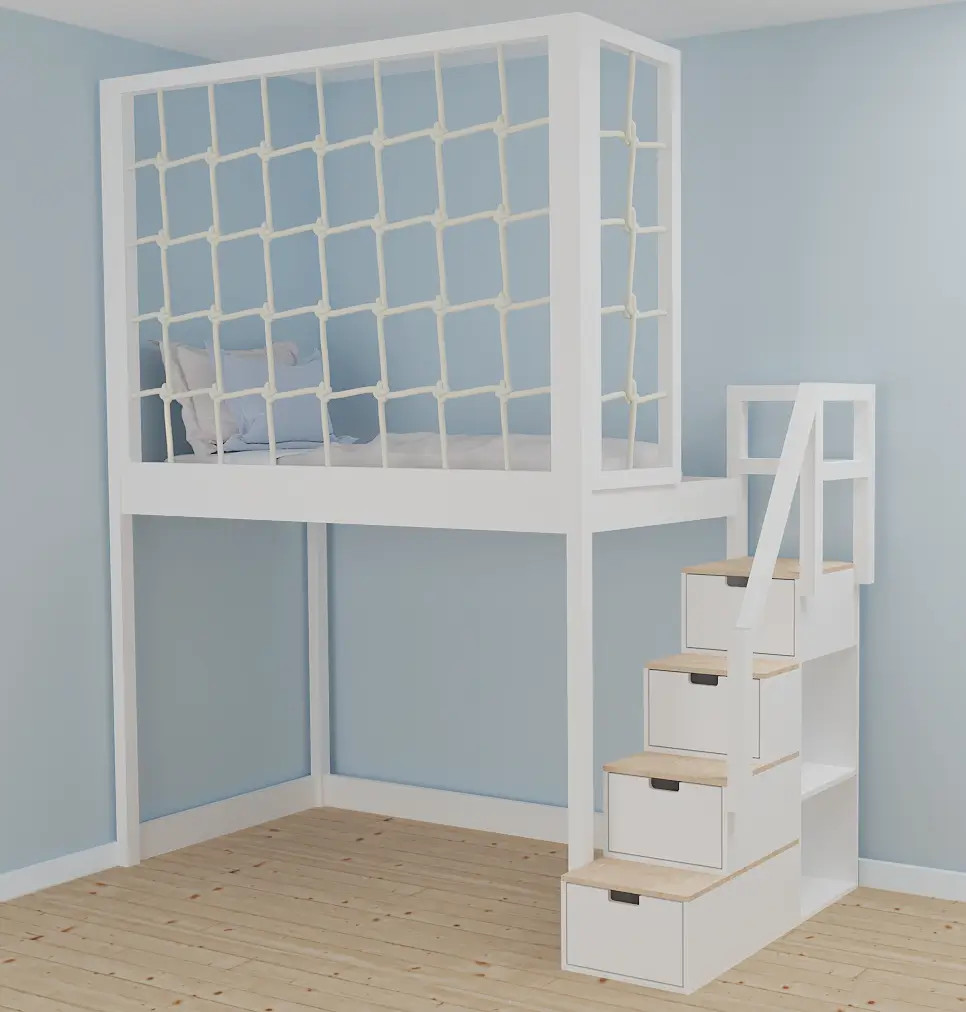 Hochbett, Kinderbett RONI mit Treppe und Schnurnetz - Kubuk Moebel Hochbett, Kinderbett RONI mit Treppe und Schnurnetz - Kubuk Moebel