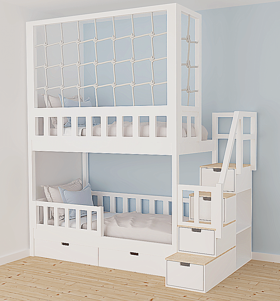 Etagenbett, Kinderbett RONALDO mit Treppe und Schnurnetz - Kubuk Moebel
