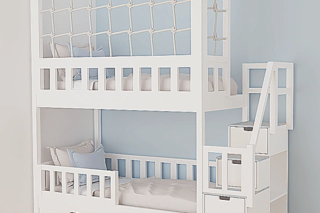 Etagenbett, Kinderbett RONALDO mit Treppe und Schnurnetz - Kubuk Moebel