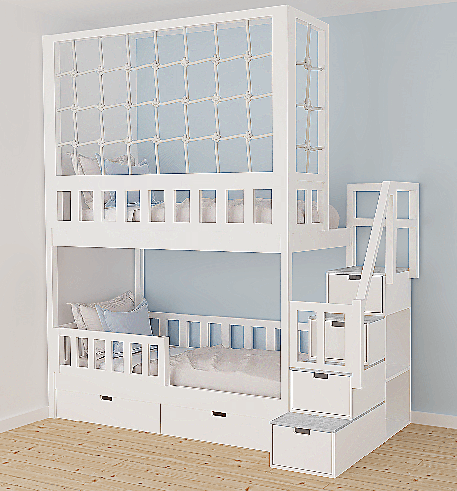 Etagenbett, Kinderbett RONALDO mit Treppe und Schnurnetz - Kubuk Moebel