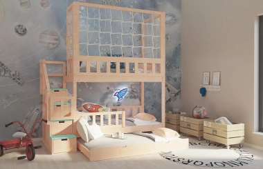 Etagenbett, Kinderbett RONALDO mit Treppe und Schnurnetz - Kubuk Moebel