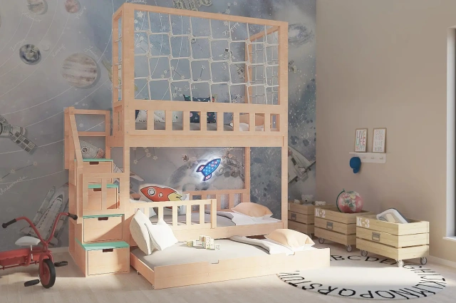 Etagenbett, Kinderbett RONALDO mit Treppe und Schnurnetz - Kubuk Moebel