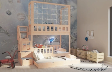 Etagenbett, Kinderbett RONALDO mit Treppe und Schnurnetz - Kubuk Moebel
