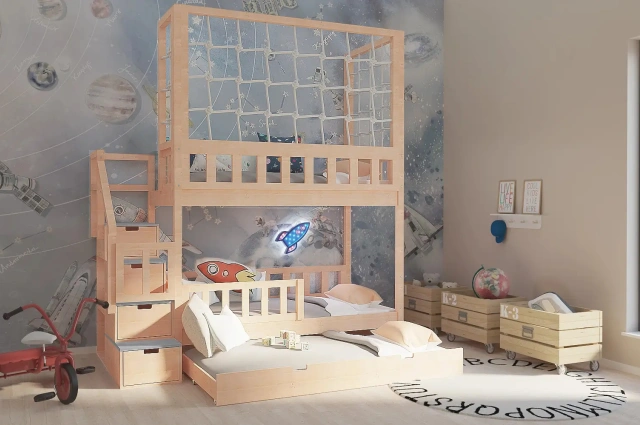 Etagenbett, Kinderbett RONALDO mit Treppe und Schnurnetz - Kubuk Moebel