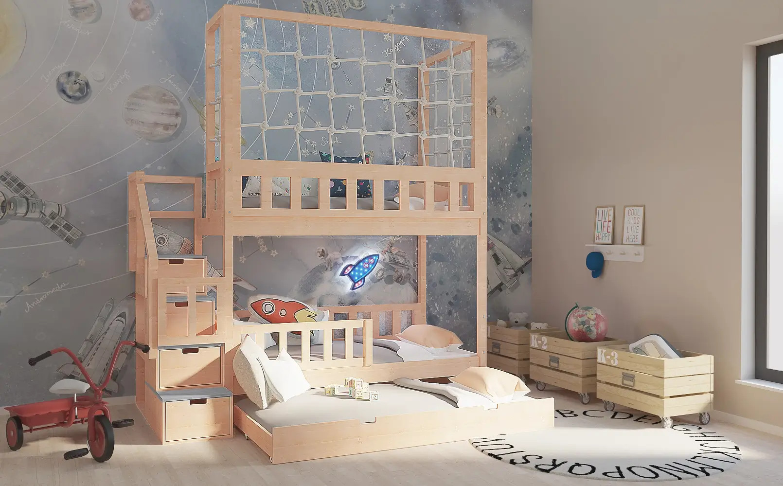 Etagenbett, Kinderbett RONALDO mit Treppe und Schnurnetz - Kubuk Moebel