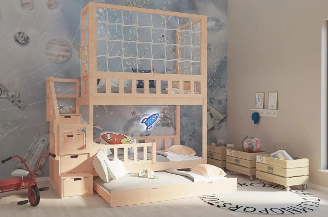 Etagenbett, Kinderbett RONALDO mit Treppe und Schnurnetz - Kubuk Moebel
