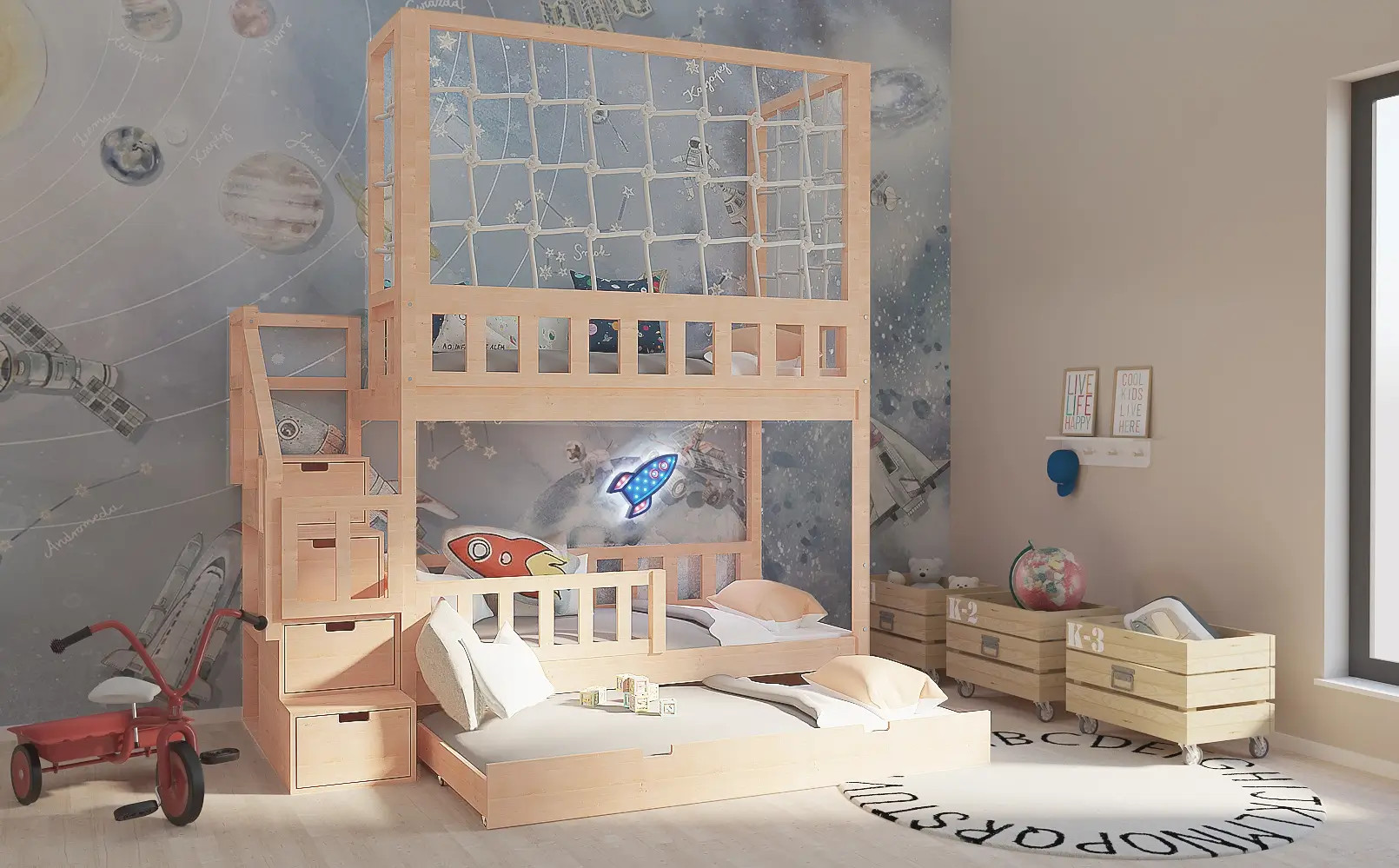 Etagenbett, Kinderbett RONALDO mit Treppe und Schnurnetz - Kubuk Moebel