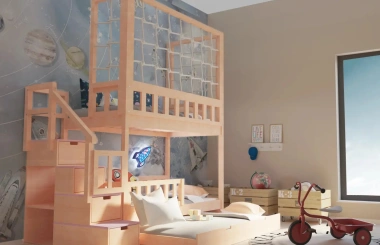 Etagenbett, Kinderbett RONALDO mit Treppe und Schnurnetz - Kubuk Moebel
