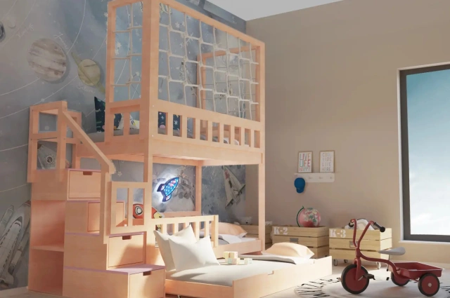 Etagenbett, Kinderbett RONALDO mit Treppe und Schnurnetz - Kubuk Moebel