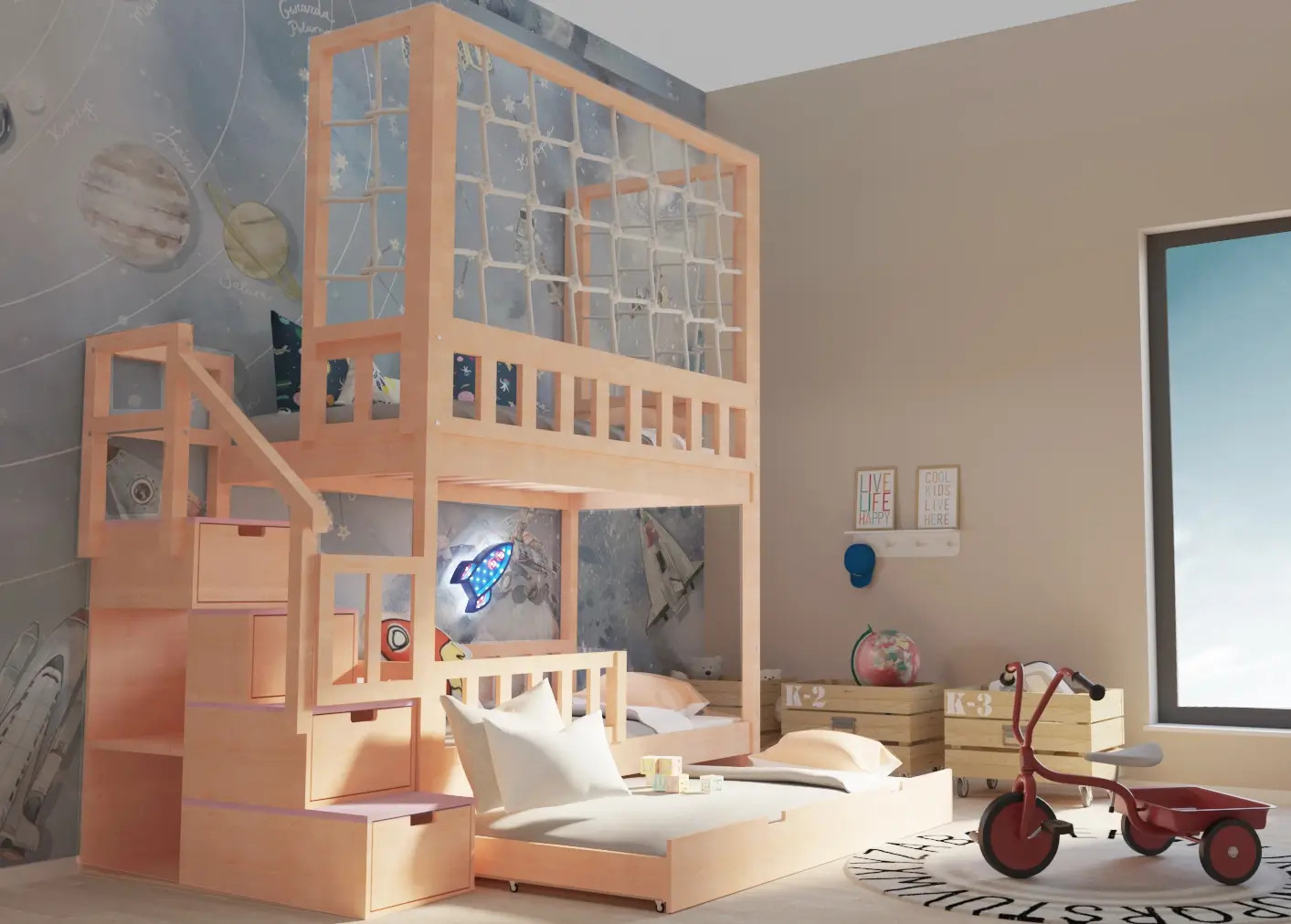 Etagenbett, Kinderbett RONALDO mit Treppe und Schnurnetz - Kubuk Moebel