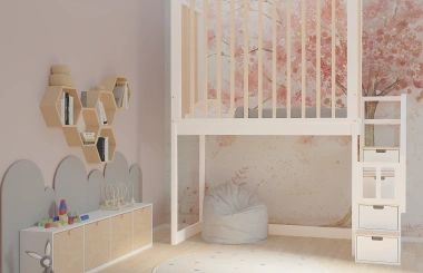 Hochbett, Kinderbett FRANK mit Gitterschutz und Treppe - Kubuk Moebel