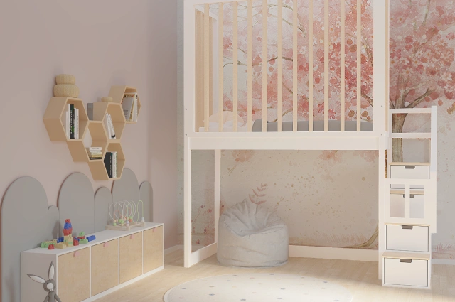 Hochbett, Kinderbett FRANK mit Gitterschutz und Treppe - Kubuk Moebel