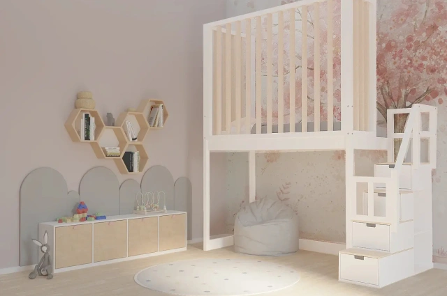 Hochbett, Kinderbett FRANK mit Gitterschutz und Treppe - Kubuk Moebel