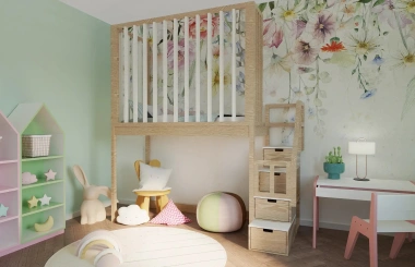 Hochbett, Kinderbett FRANK mit Gitterschutz und Treppe - Kubuk Moebel