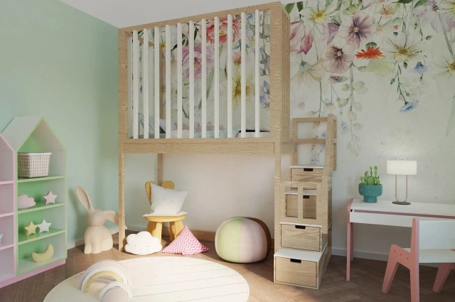 Hochbett, Kinderbett FRANK mit Gitterschutz und Treppe - Kubuk Moebel