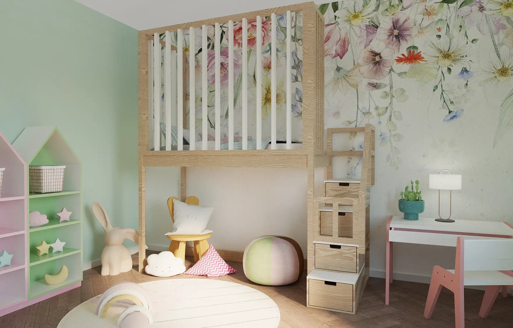 Hochbett, Kinderbett FRANK mit Gitterschutz und Treppe - Kubuk Moebel