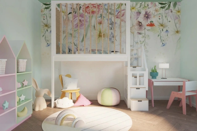 Hochbett, Kinderbett FRANK mit Gitterschutz und Treppe - Kubuk Moebel