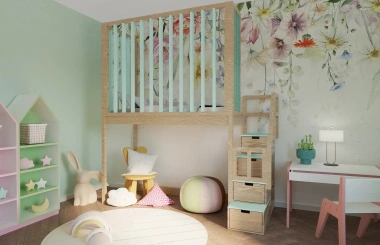 Hochbett, Kinderbett FRANK mit Gitterschutz und Treppe - Kubuk Moebel