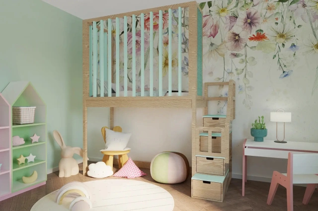 Hochbett, Kinderbett FRANK mit Gitterschutz und Treppe - Kubuk Moebel