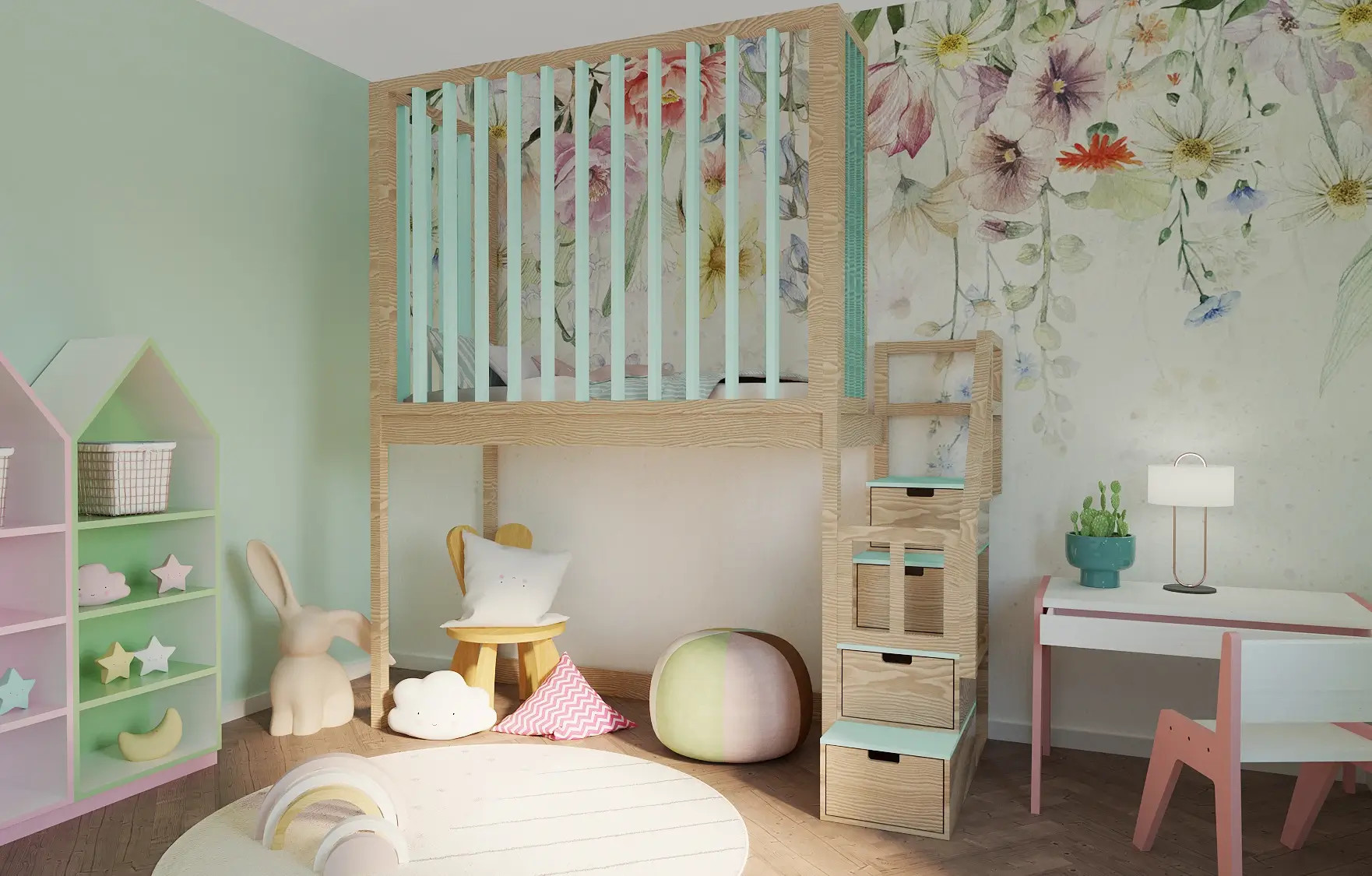 Hochbett, Kinderbett FRANK mit Gitterschutz und Treppe - Kubuk Moebel