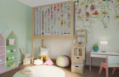 Hochbett, Kinderbett FRANK mit Gitterschutz und Treppe - Kubuk Moebel