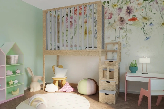 Hochbett, Kinderbett FRANK mit Gitterschutz und Treppe - Kubuk Moebel