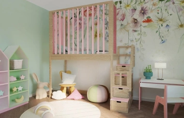 Hochbett, Kinderbett FRANK mit Gitterschutz und Treppe - Kubuk Moebel