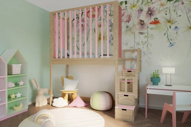 Hochbett, Kinderbett FRANK mit Gitterschutz und Treppe - Kubuk Moebel