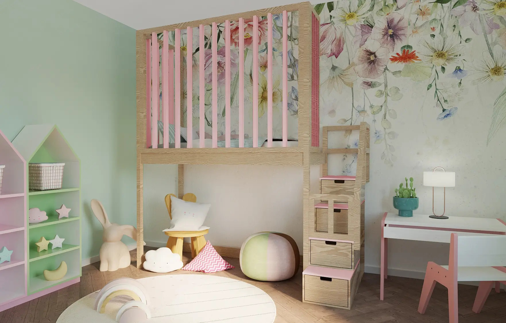 Hochbett, Kinderbett FRANK mit Gitterschutz und Treppe - Kubuk Moebel