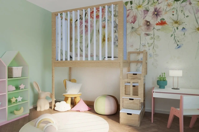 Hochbett, Kinderbett FRANK mit Gitterschutz und Treppe - Kubuk Moebel