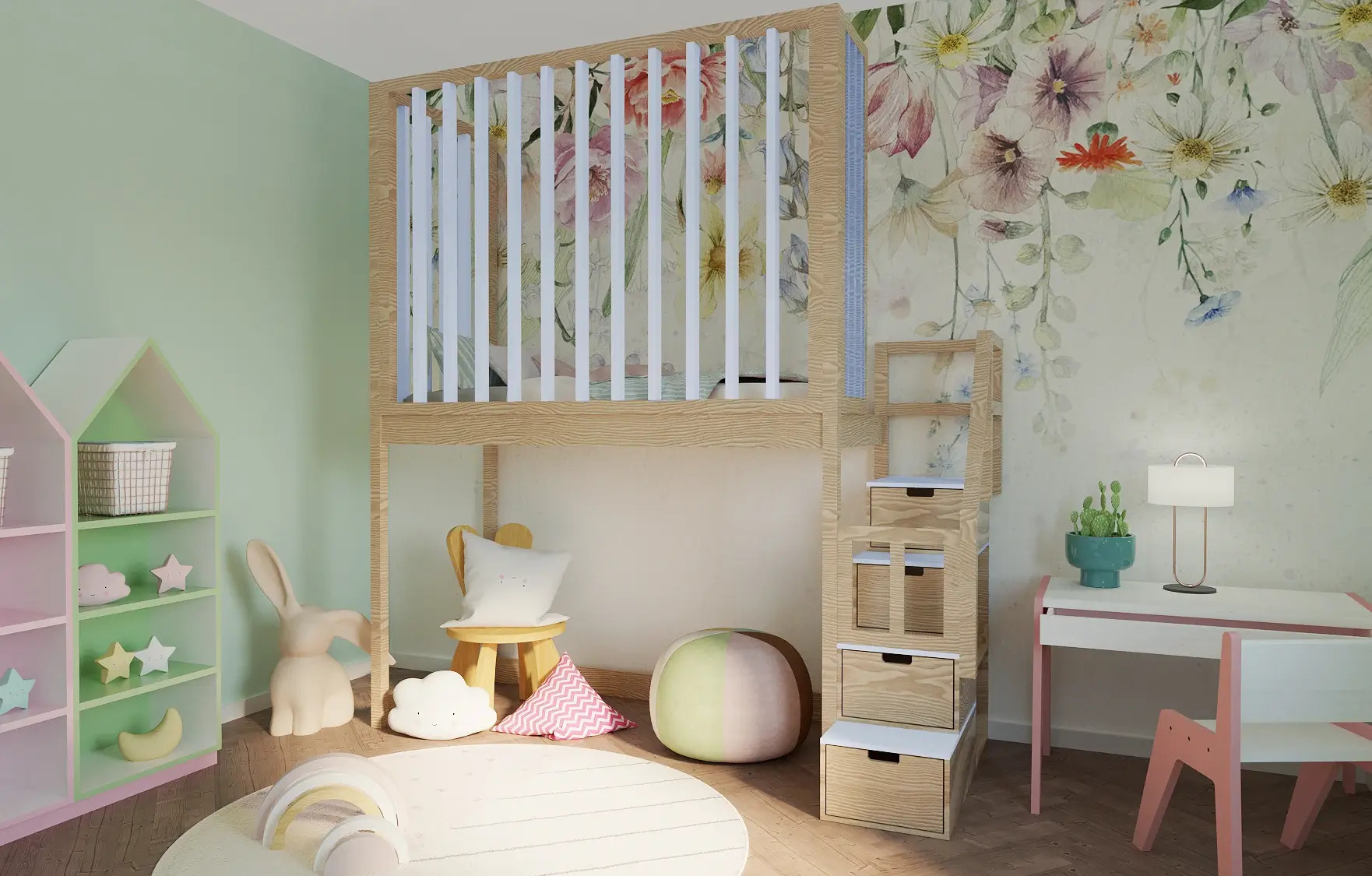 Hochbett, Kinderbett FRANK mit Gitterschutz und Treppe - Kubuk Moebel