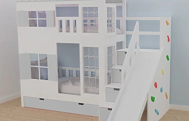 Hausbett, Spielbett KJARA PLUS mit vollem Dach, Rutsche und Kletterwand - Kubuk Moebel