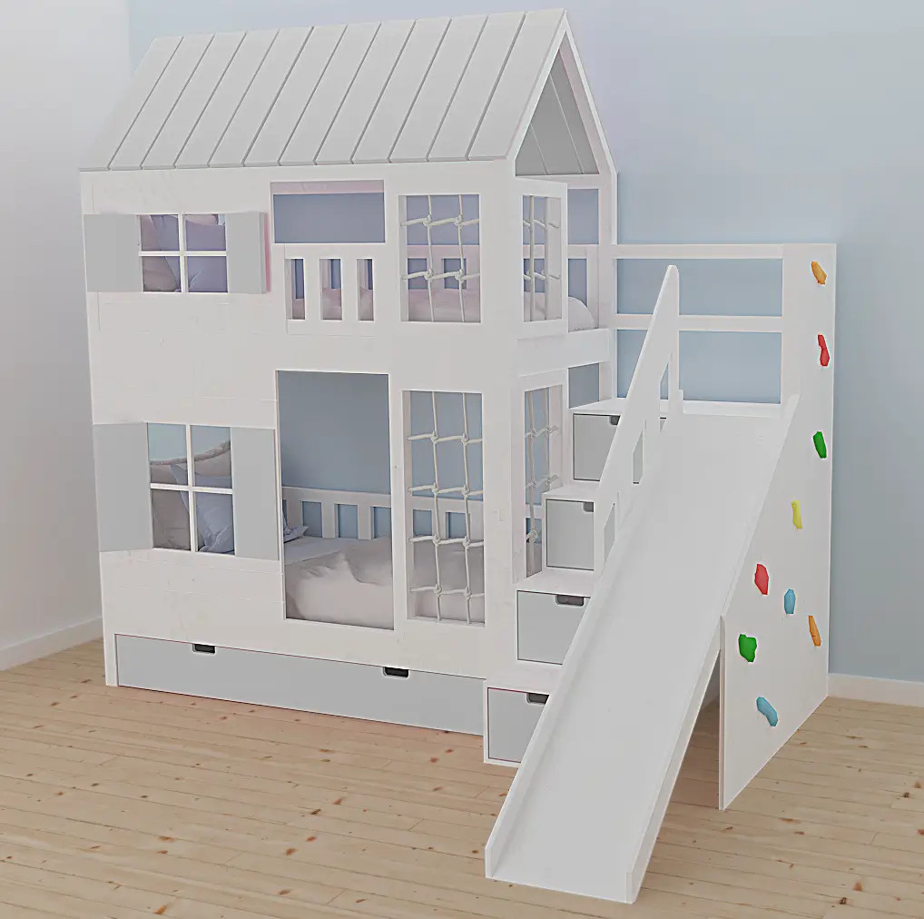 Hausbett, Spielbett KJARA PLUS mit vollem Dach, Rutsche und Kletterwand - Kubuk Moebel Hausbett, Spielbett KJARA PLUS mit vollem Dach, Rutsche und Kletterwand - Kubuk Moebel