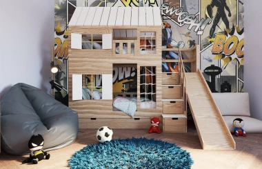 Hausbett, Spielbett KJARA PLUS mit vollem Dach, Rutsche und Kletterwand - Kubuk Moebel Hausbett, Spielbett KJARA PLUS mit vollem Dach, Rutsche und Kletterwand - Kubuk Moebel