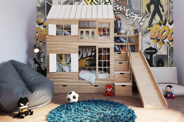 Hausbett, Spielbett KJARA PLUS mit vollem Dach, Rutsche und Kletterwand - Kubuk Moebel Hausbett, Spielbett KJARA PLUS mit vollem Dach, Rutsche und Kletterwand - Kubuk Moebel