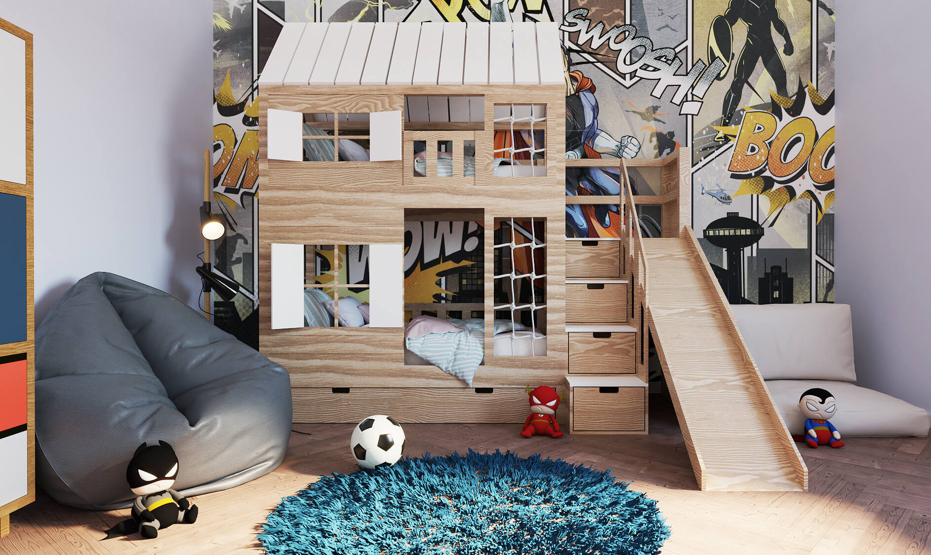 Hausbett, Spielbett KJARA PLUS mit vollem Dach, Rutsche und Kletterwand - Kubuk Moebel Hausbett, Spielbett KJARA PLUS mit vollem Dach, Rutsche und Kletterwand - Kubuk Moebel
